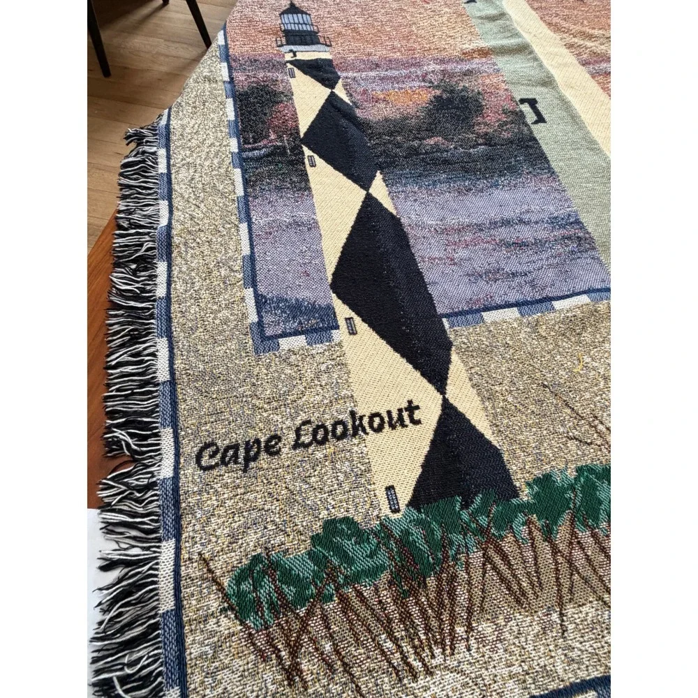 VTG Home Interiors Lighthouse Cotton Woven Throw Blanket Multicolor Nautical